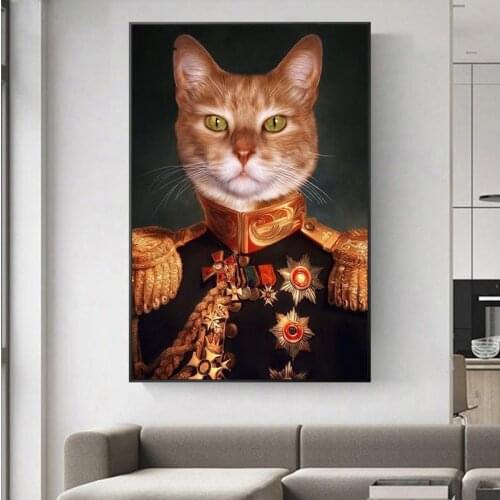 Cat In Military Uniform Canvas Paintings on The Wall Art Posters and Prints Classical Animals Cat General Art Cuadros Pictures