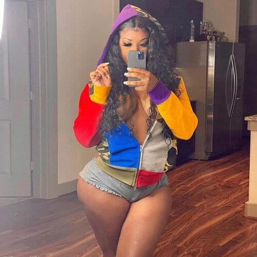 Street Style Contrast Color Sporty Jacket for Women Harajuku Hooded Long Sleeve Slim Coat Casual Autumn Zipper Workout Outwear