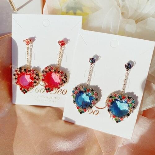 MENGJIQIAO Korean New Hot Sale Luxury Heart Crystal Long Pendientes Mujer Moda Colorful Rhinestone Drop Earrings Party Jewelry