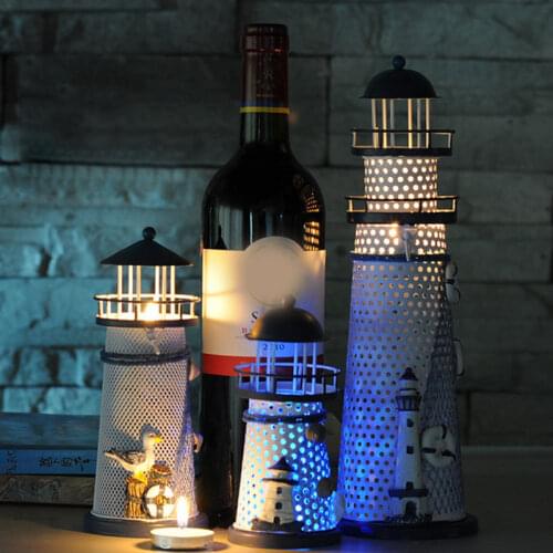 Mediterranean Style Iron Lighthouse Figurine Nostalgic Ocean Anchor Ornament Light for Teen Room Bedroom Desk Table Decoration