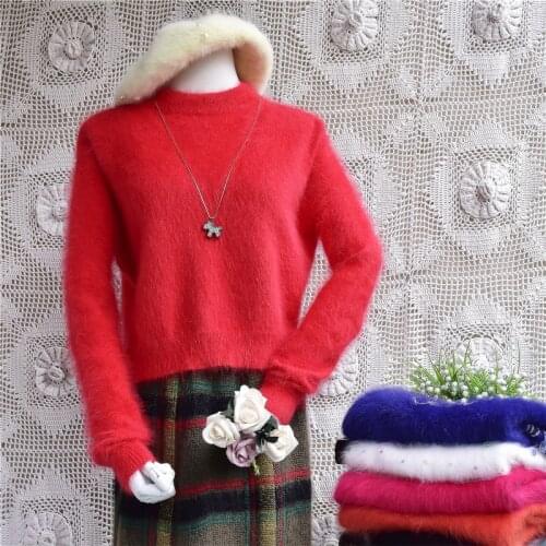 Fashion women ladies bright red winter long sleeve rabbit fur knitted mink cashmere sweater Christmas gifts warm base pullover