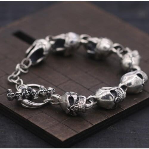 13mm solid 925 Sterling Silver mens skull link biker bangle bracelet A1484