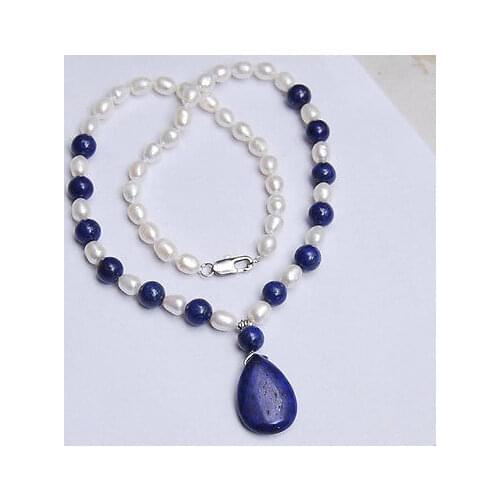Natural 7-8MM White Akoya Pearl / Lapis Lazuli Pendant Necklace 18"