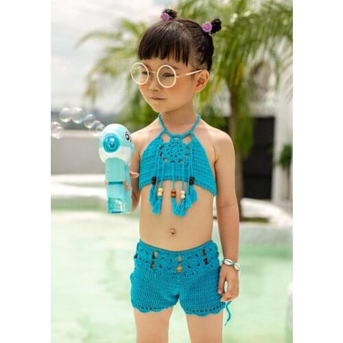 2021 New Crochet candy color two piece swimsuit For Girls tassel halter top+ short bottom Kids Children Swimsuits Bathing Suit