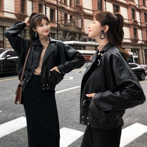 New Autumn Solid Rivet Women Pu Leather Jacket Casual Moto Biker Pockets Faux Black Slim Fit Turn-down Collar Jacket