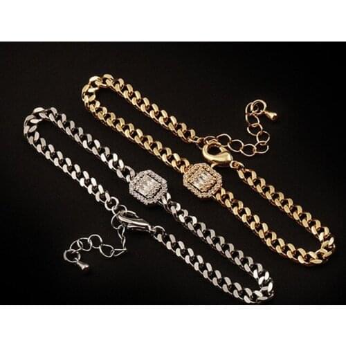 Origin Summer Statement Geometrical Square Rhinestone Charm Bracelet for Women Chunky Curb Chain Metallic Bracelet Jewellery