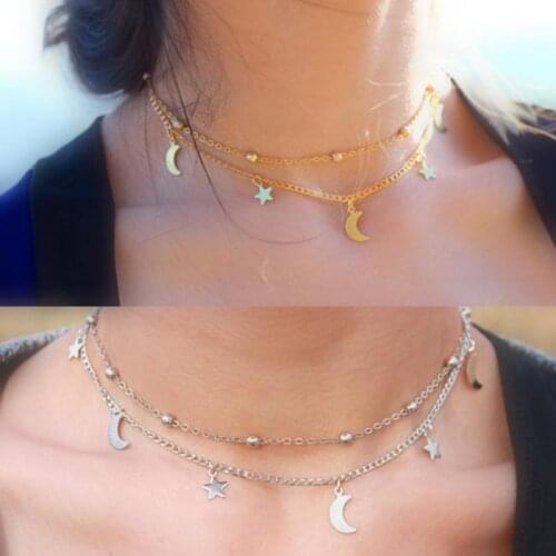 Fashion Multi-Layer Moon Stars Choker Necklace Stainless Steel Pendant Necklace Star Gold Necklace Women Choker Necklaces