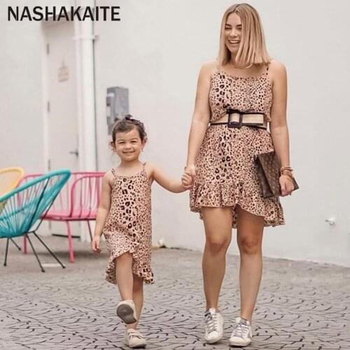 NASHAKAITE Mom and daughter dress Mommy And Daughter Matching Clothes Leopard Print Sleeveless dress For Mommy And Me Clothes