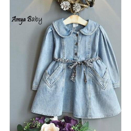 Toddler Girl Dresses 2021 Autumn Clothing Blue Denim Long Sleeve Peter Pan Collar Birthday Childrens Outwear