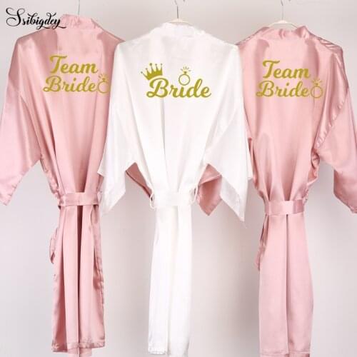 Dusty pink team bride robe gold ring crown design satin robe women bridal pajamas wedding brideslmaid gift bride kimono robes