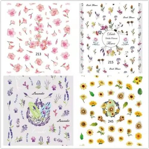 Dry Flower Elegant Florals Leaves 3D Nail Art Transfer Stickers Nail Design Water Marble Moon Nail Accessories for Nail
