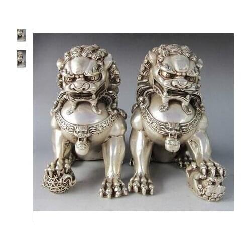 Tibet silver 16cm / 6.3" Chinese Silver Fu Foo Dog Guardian lion Statue Pair tools wedding Tibetan Silver Bronze decoration