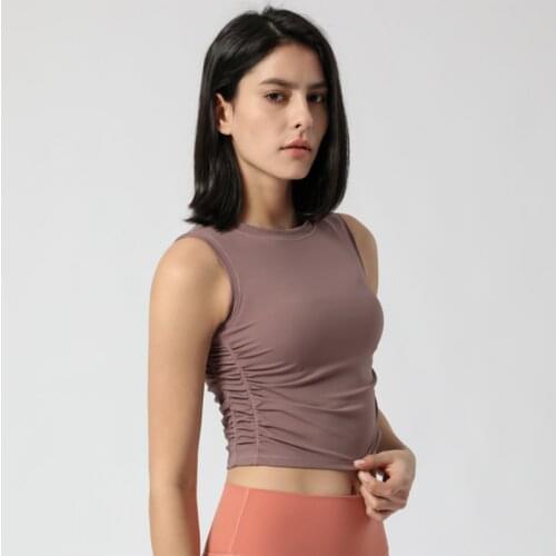 New Sports Yoga Top Women Sexy Side Pleated Sports T-Shirt Stretch Tight Running Vest Sleeveless Breathable Fitness Crop Tops