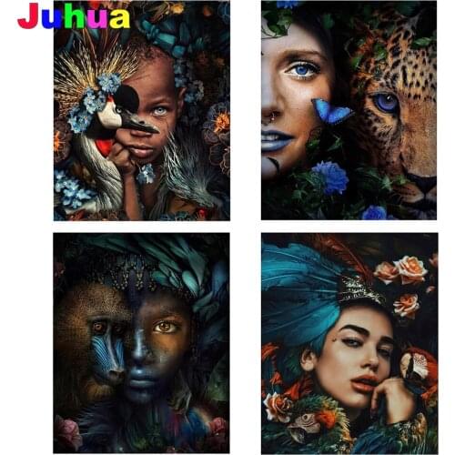 Vintage Animal Lion Birds diamond painting African woman full square round diamond embroidery stitch cross mosaic decor