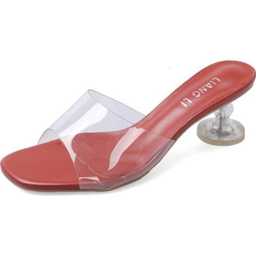 Womens Transparent Sandals 2021 New Summer Fashion Word with Crystal Thick Heel Outer Slippers