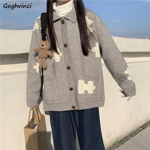 Women Cardigan Turn-down Collar Pockets Printed Loose Retro Young College Students Ulzzang Lazy Elegant Outwear Sweater Females