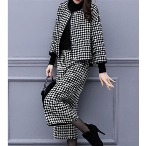 2021 Autumn Two Piece Women Houndstooth Wool Coat + Wool Skirt Elegant Winter Lady Long Sleeve Blend Coats Suit Outwear WZ1510