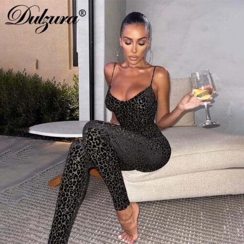 Dulzura Leopard Jacquard Women Strap Patchwork Jumpsuit V Neck Skinny Sexy Streetwear Party Club 2021 Autumn Winter Rompers