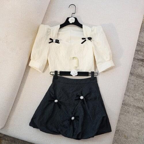 HIGH STREET Newest 2021 Summer Style Small Fragrant Wind Bubble Sleeve Square Collar Bow Jacquard Top + High Waist Shorts Suits
