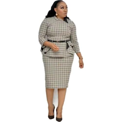 Large Size Womens Dress 2021 New African Womens Fashion Lattice Lapel Mid-Sleeve Stacked Button Top + Skirt Two-Piece Suit