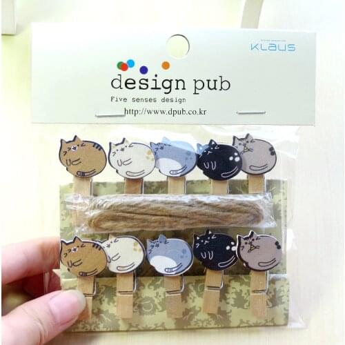10 pcs/lot Lazy Cat Wooden Clip Photo paper Clothespin Craft Clips Party Decoration Clip with Hemp Rope