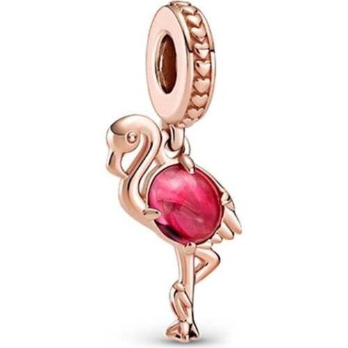 100% S925 Silver New Pink Flamingo Fashion PAN Pendant For Original Pandora Bracelets And Necklaces Womens Diy Charm Jewelry