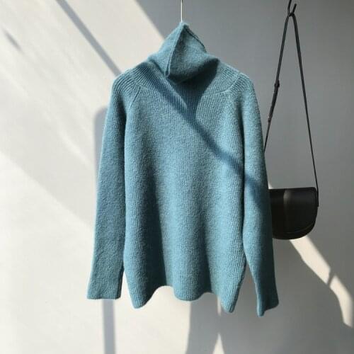 2021 Spring Women Turtleneck Sweater Pure Color Loose Style Knitted Fashion Sweater Casual Women Blue Pullovers Pull Femme