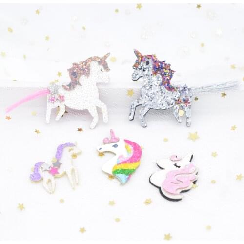 5Pcs Multiple Styles Glitter Fabric Appliques Cartoon Unicorn Horse Padded Patches for DIY Clothes Headwear Hair Clips Decor H54