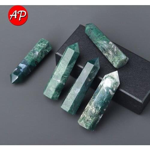 8-10cm Natural Crystal Green Water Grass Agate Crystal Point Wand Healing Moss Jade Hexagonal Crystal Column Ornaments