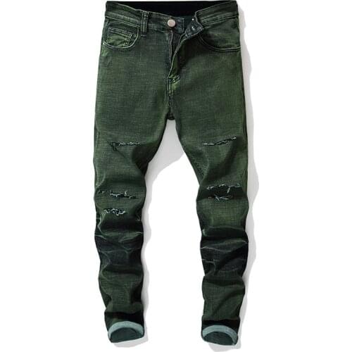 Extra XL Menswear New Stretch Personality Water Washed Hole Youth Pants Trendy Straight Plus Size Men Green Jeans Pants