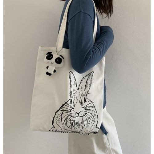 Cotton Rabbit Print Women Canvas Shopping Bags Eco Friendly Shoulder Bag Large Capacity Vintage Handbag Tote Bag