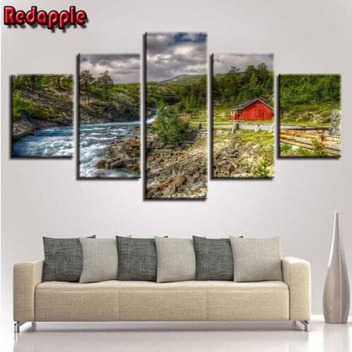 Rural landscape, stream hut Scenery 5 Panel Full Diamond DIY 5D Diamond Painting Cross Stitch Home Decor Picture Of Rhinestone
