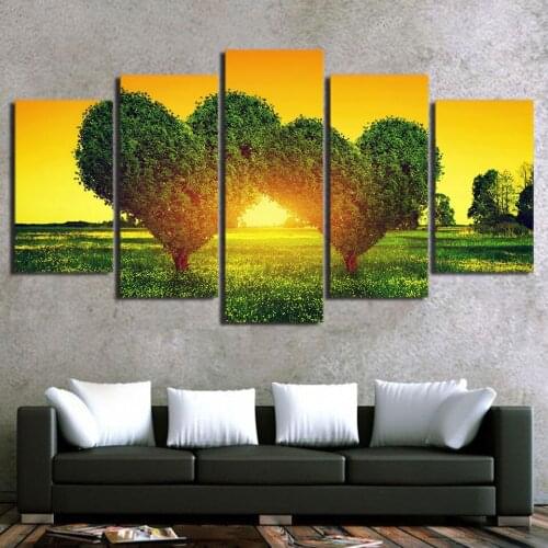Canvas Pictures Home Decor 5 Pcs Green Loving Heart Tree In Sunset Landscape Painting Wall Art Prints Poster Modular Living Room