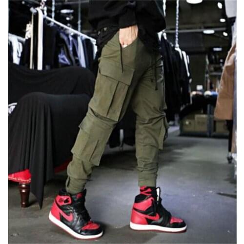 Large mens new solid lace up Multi Pocket toe binding trend overalls loose casual sports pants army green