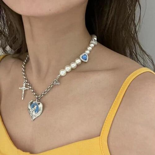 Korean High Street Love Pendant Necklace Pearl Necklace Vintage Super Flash Blue Heart Diamond Chain Choker Chain
