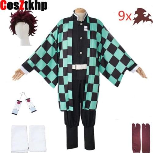 Adult and Kids Demon Slayer Cosplay Tanjirou Kamado Cosplay Costume Kimetsu no Yaiba Men Kimono Costume wigs earrings Halloween