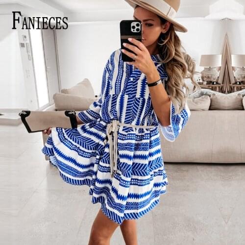 FANIECE Boho Long Sleeve Print A-line Dress Women High Waist Dresses Without Belt Summer Beach Holiday Streetwear Female Vestido