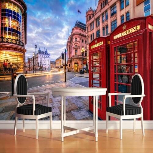 Custom Any Size Mural Wallpaper 3D London Streets Red Telephone Booth City Building Fresco Living Room Restaurant Cafe Wallpaper