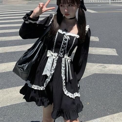 Japanese New Autumn Black Gothic Lolita Dress Bandage Bow Patchwork Girl Cosplay Dress Kawaii Cute Lolita Style Ruffles Dresses