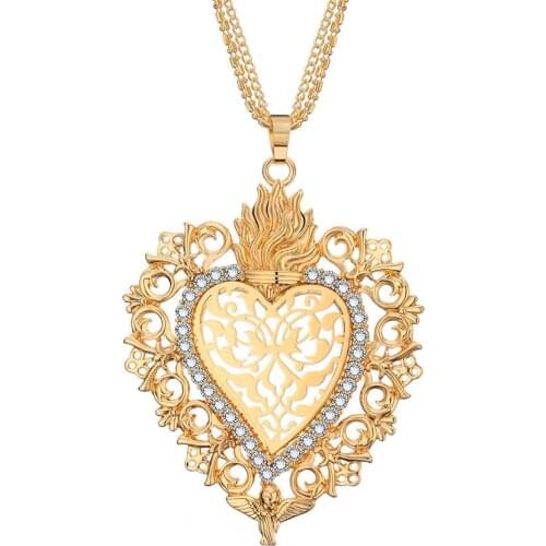 New Gold Flower Heart Angle Glory Pendant Necklace Crystal Long Sweater Collar for Women Vintage Jewelry dropshipping Best Gift