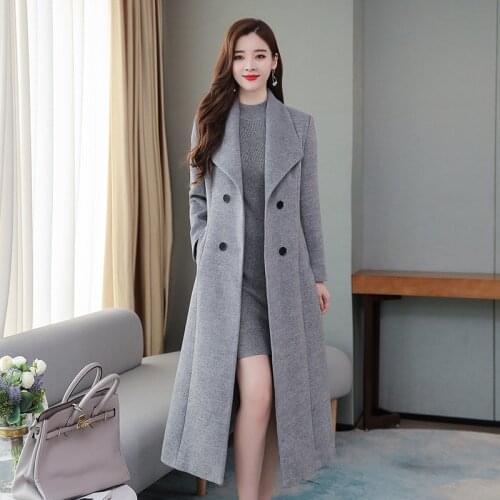 Autumn Winter Womens Woolen Coat Long Sleeve Solid Fashion Double-Breasted Turn Down Collar Slim Windbreaker Female Outerwear