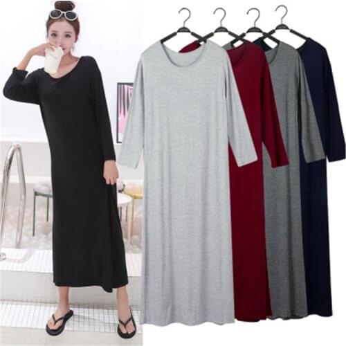 Long Sleeve Dress Women Modal Comfortable Loose Straight Home Wear Breathable Female Dresses Leisure Solid Simple Skin-friendly