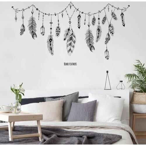 Removable Art Decals Mural Diy Black Boho Feathers Wall Stickers For Bedroom Living Room Bathroom Bar Kitchen Wall Decor