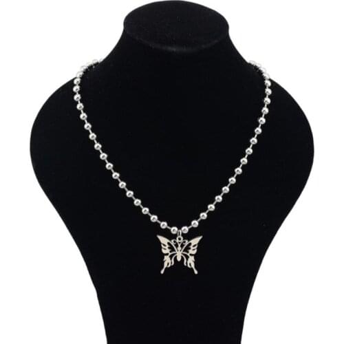 Punk Rock Sweet Butterfly Stainless Steel Pendant Necklace Streetwear Ball Chain Polishing Chain Fashion Necklace Unisex