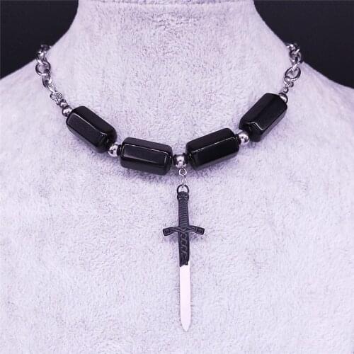 Viking Sword Stainless Steel Obsidian Charm Necklaces Silver Color Necklaces Women Jewelry gargantillas cortas mujer NX405304