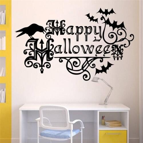 Crow Bat Happy Halloween Quotes Wall Sticker For Shop Home Decoration Diy Window Decals Festival Mural Art Vinyl Posters