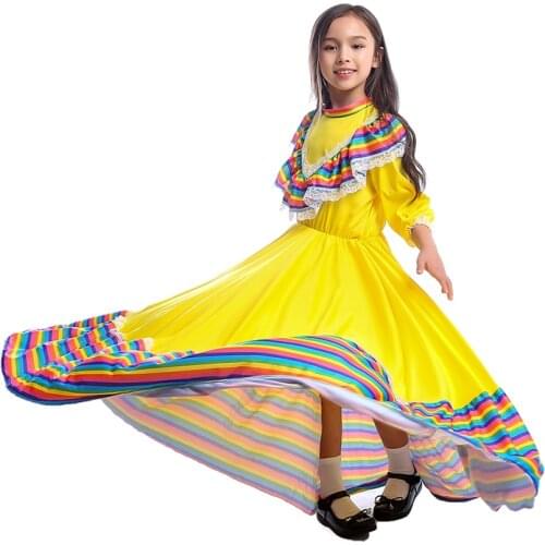 Girls Amazing Jalisco Traditional Guadalajara Mexican Folk Dancer Costume 3 Colors Mexico dress lace kid children