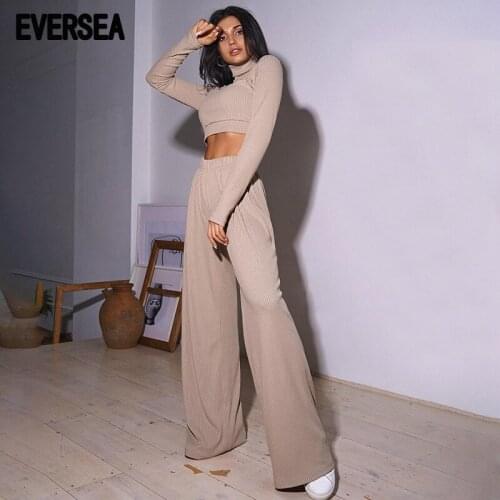 Eversea High Wasit Matching Set High Waist Wide Leg Baggy Pant Women Lady Sexy Solid Color Causal Tops