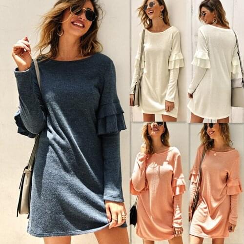 Long Sleeve Knitted Dress Women For Fall 2020 Solid O-neck White Dress Elegant Loose Dress Women