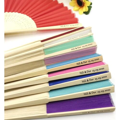 100PCS Customized Wedding Fold Fan Silk Printing Bride&Grooms Name and Date Personalized Hand Bamboo Promotional Gift Fan